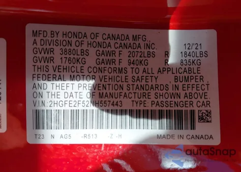 2022 Honda Civic Sport из США, поврежденный, VIN 2HGFE2F52NH557443